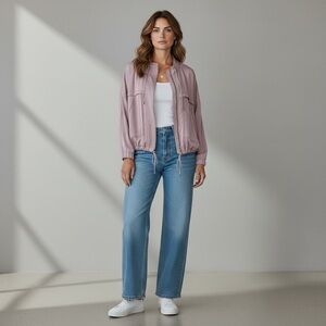 THREAD & SUPPLY Womens Bomber Jacket L Beige Tan Powder Pink Oversized Fall